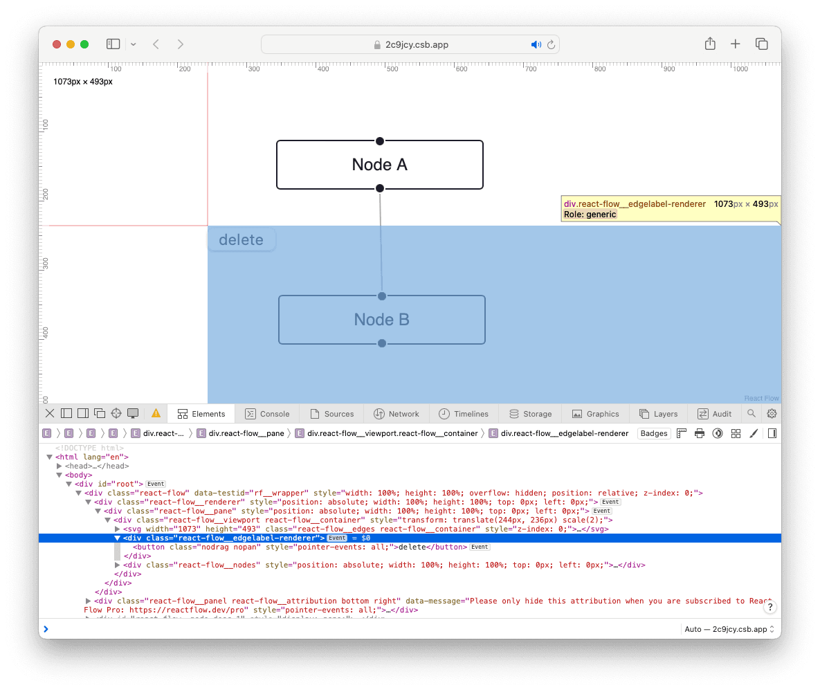 A screen shot of a simple flow. The edge label renderer is highlighted in the DOM inspector and the button is rendered in the centre of the flow.